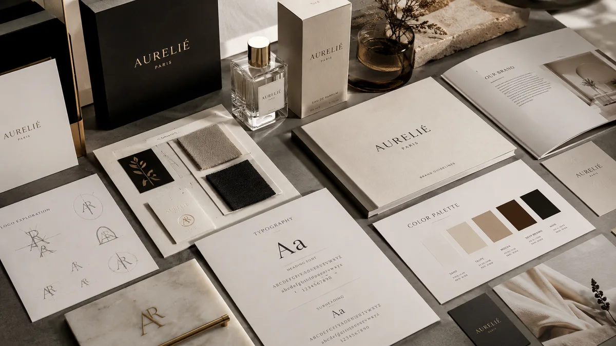 A polished brand identity layout presents logo sketches, typography sheets, color palettes, packaging, cards, and luxury visual guidelines on a tabletop.