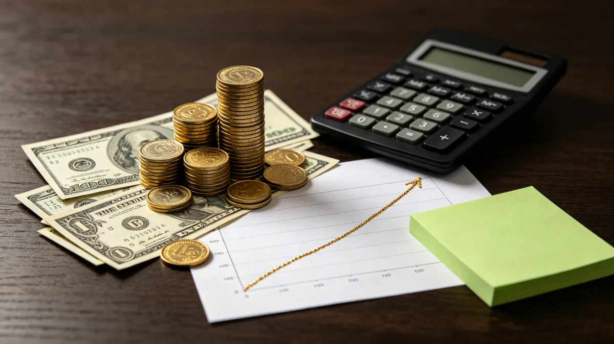 Dollar bills, coins, a calculator, a notepad, and a rising gold line chart are arranged on a desk, presenting a practical finance planning scene with direct visual cues for budgeting and growth.