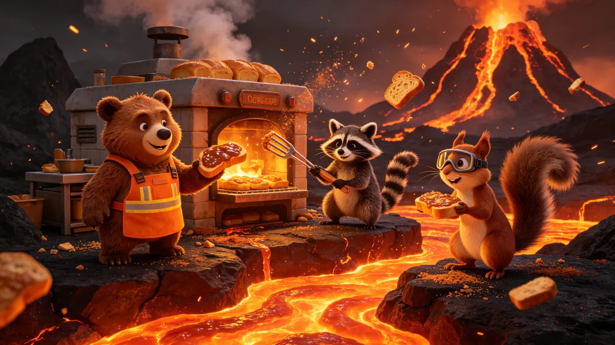 A colorful storybook cartoon scene featuring volcano bakery with bear and raccoons, designed for playful children-friendly illustration use.