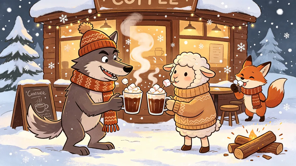 A colorful storybook cartoon scene featuring winter animal cocoa stand, designed for playful children-friendly illustration use.