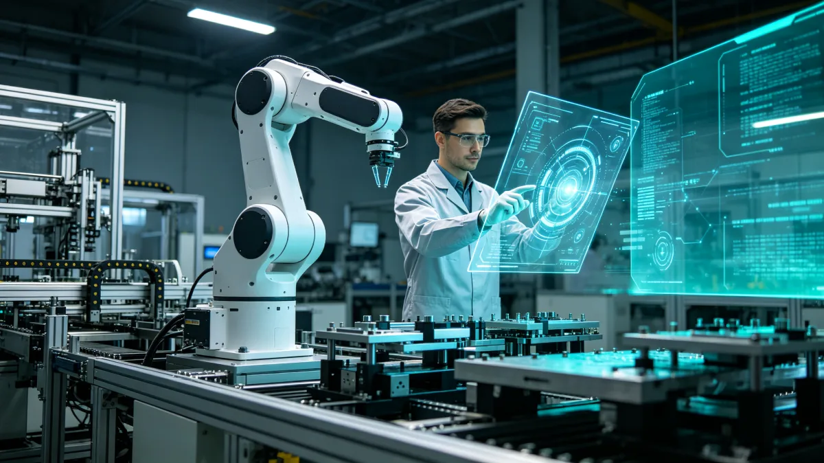 Engineer controlling robotic arm in advanced smart factory laboratory