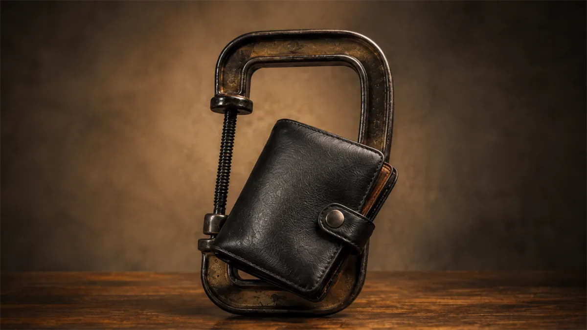 A black wallet locked with a padlock suggests restricted spending, frozen budgets, savings protection, or limited access to money.