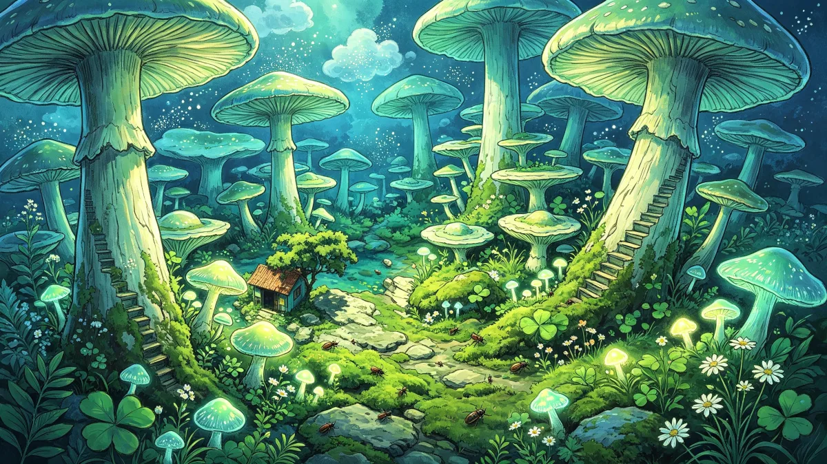 towering turquoise mushrooms surround a tiny cottage in a luminous forest clearing, forming a rich fairytale scene for magical ecology, hidden villages, fantasy habitats, and green underground worlds.