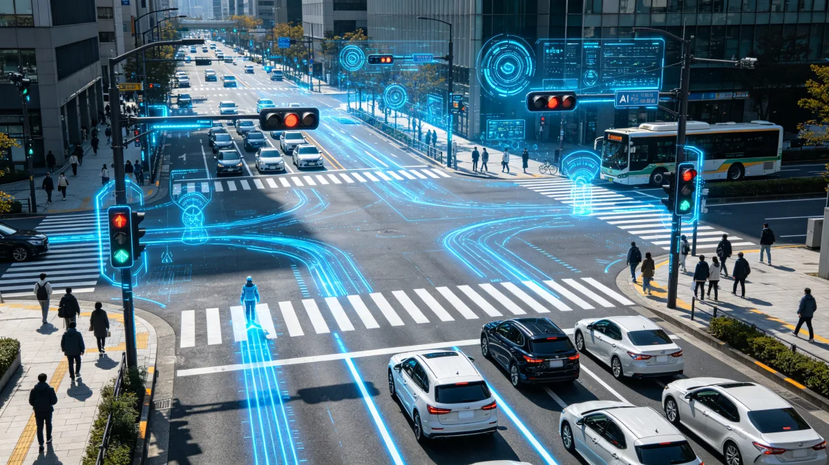 Busy city intersection with blue AI traffic flow analytics and vehicle data paths