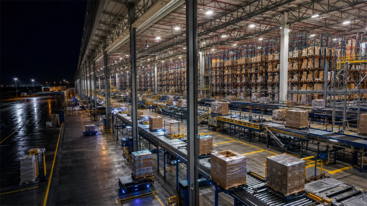 night distribution warehouse with pallets and tall shelving