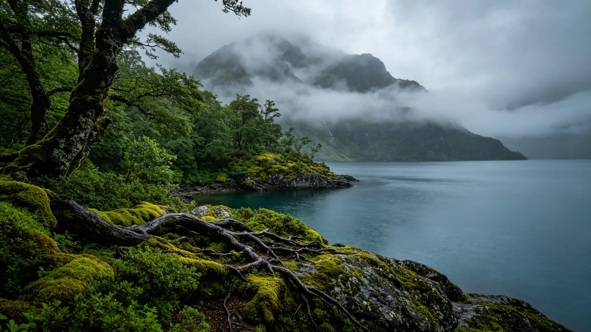 Misty mountain lake beside moss-covered roots and a dark forest shoreline.