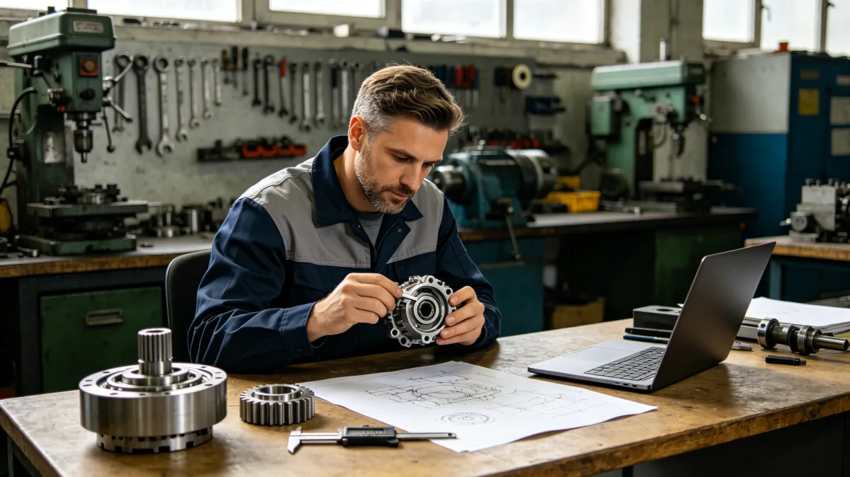 A technician in a workshop carefully measures a machined metal component beside drawings and tools, showing quality control, manufacturing skill, mechanical inspection, and hands-on technical work.