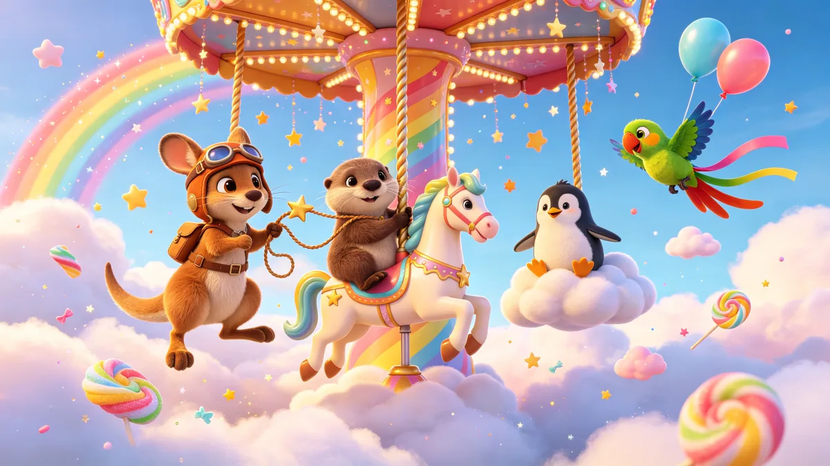 A colorful storybook cartoon scene featuring carousel in the clouds with animal friends, designed for playful children-friendly illustration use.