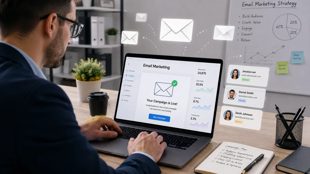 A laptop displays an email marketing platform with campaign messages, automation cards, envelopes, and contact segmentation visuals.