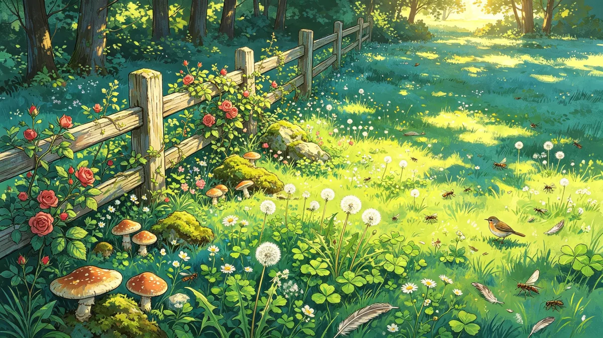 A wooden fence borders a lush meadow filled with roses, clover, mushrooms, dandelions, and soft morning light, creating a cheerful fairytale garden scene for spring, countryside, floral...