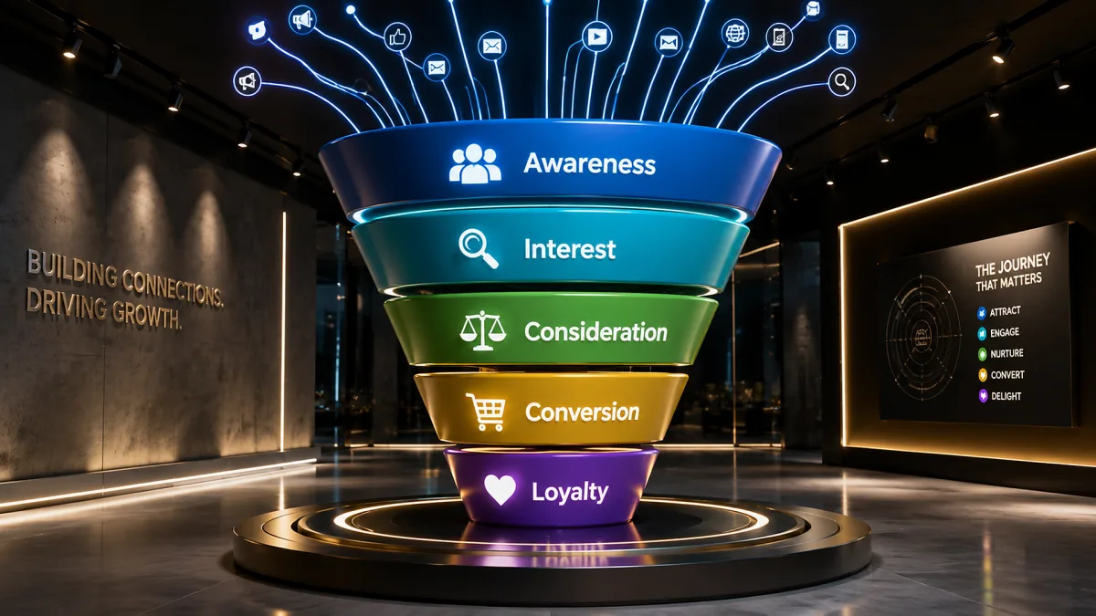 A glowing exhibition-style funnel installation shows awareness, interest, consideration, conversion, and loyalty stages with connected icons overhead.