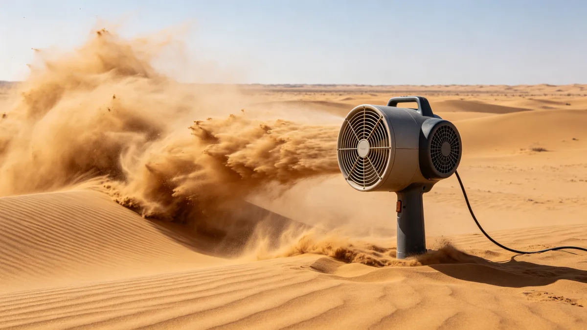 a giant electric fan stands in open desert as sand blows across dunes, creating a humorous and dramatic concept for heat, cooling, wind, climate control, and impossible outdoor appliances.